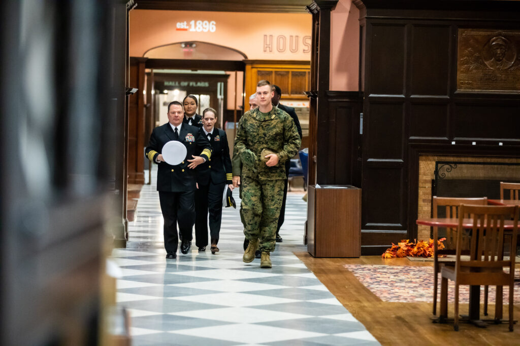 VADM Cheeseman and his staff escorted by Penn's very own MIDN 1/C Conway, Battalion Commanding Officer.